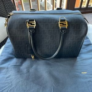 Authentic FENDI Black Zucchino Spalmati Canvas Forever Boston Bag